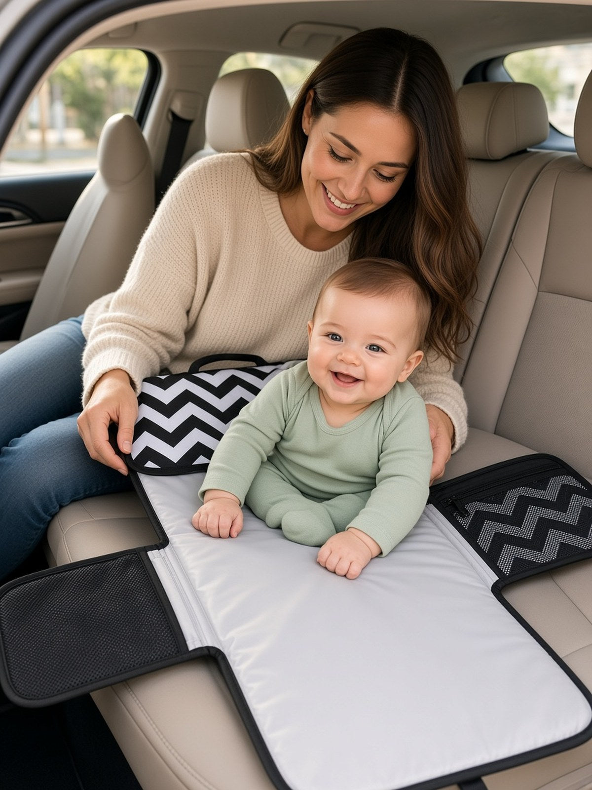 Portable Foldable Baby Changing Mat – Waterproof Travel Changing Pad — White black lifestyle