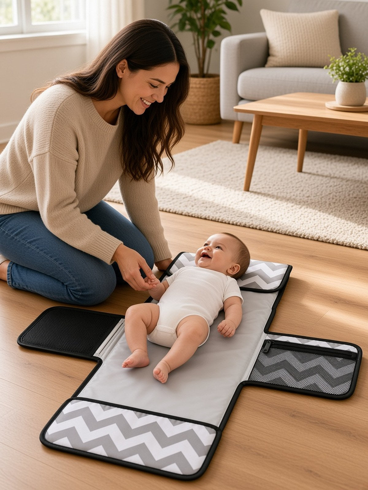 Portable Foldable Baby Changing Mat – Waterproof Travel Changing Pad — White grey lifestyle